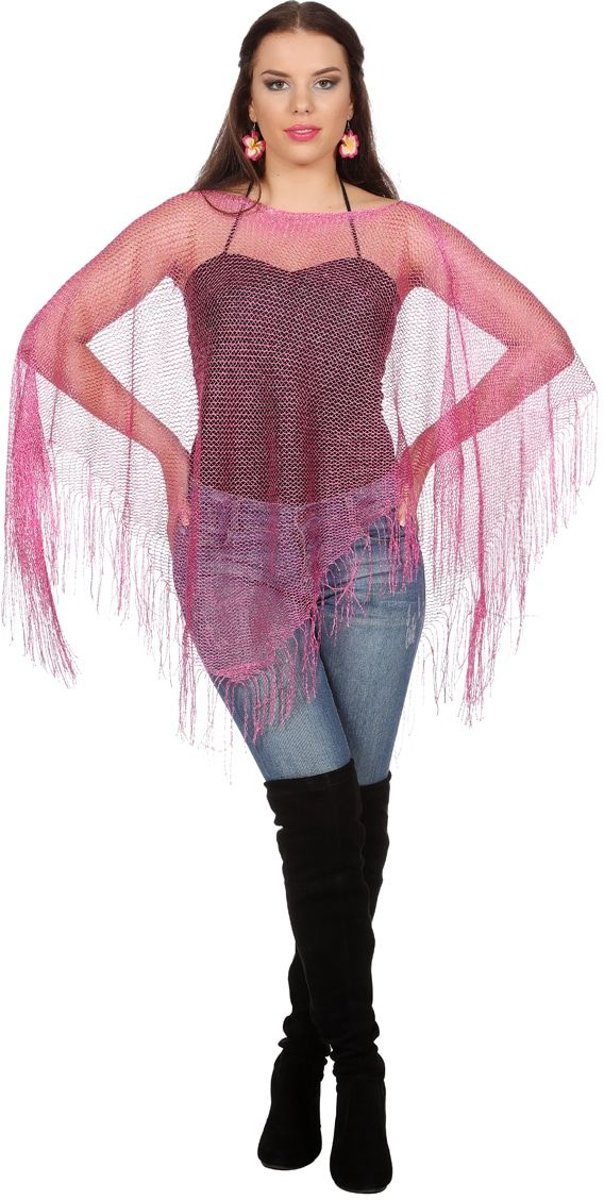 Jaren 80 & 90 Kostuum | Poncho Visnet Roze Vrouw | One Size | Carnaval kostuum | Verkleedkleding